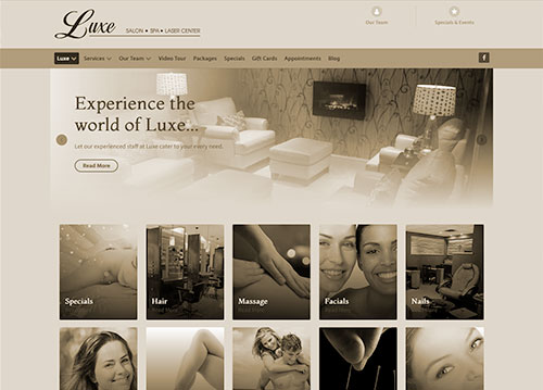 Luxe Spa website homepage.
